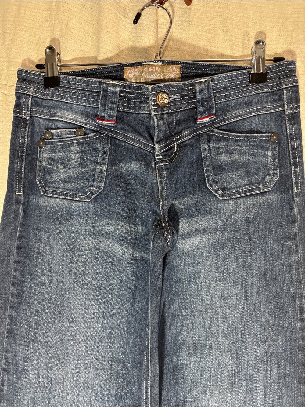 Vtg Candie's Y2K Wide-Leg Denim Capri Jeans 1 Multi Stitch Patch Pocket Coulotte - Picture 4 of 12